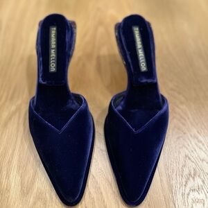 Tamara Mellon Deep Blue Velvet Pillow Top Mules